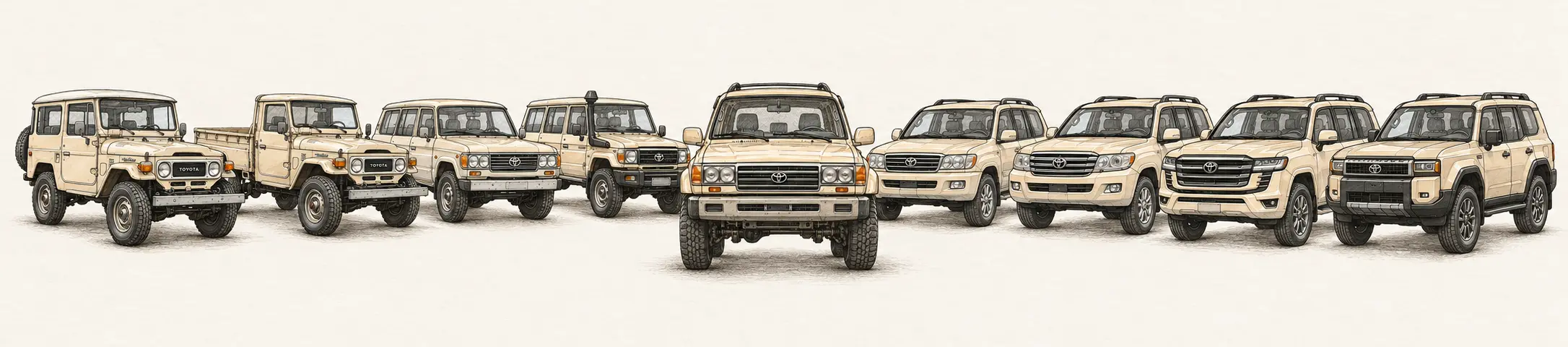 An illustrated lineage of Toyota Land Cruisers, from the 40 Series to the 250 Series